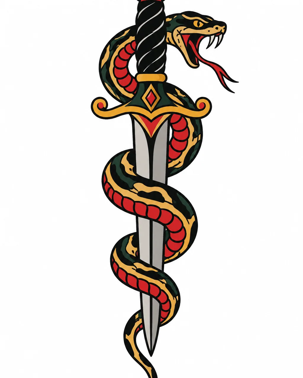 American traditional snake and dagger tattoo design in color, for the forearm