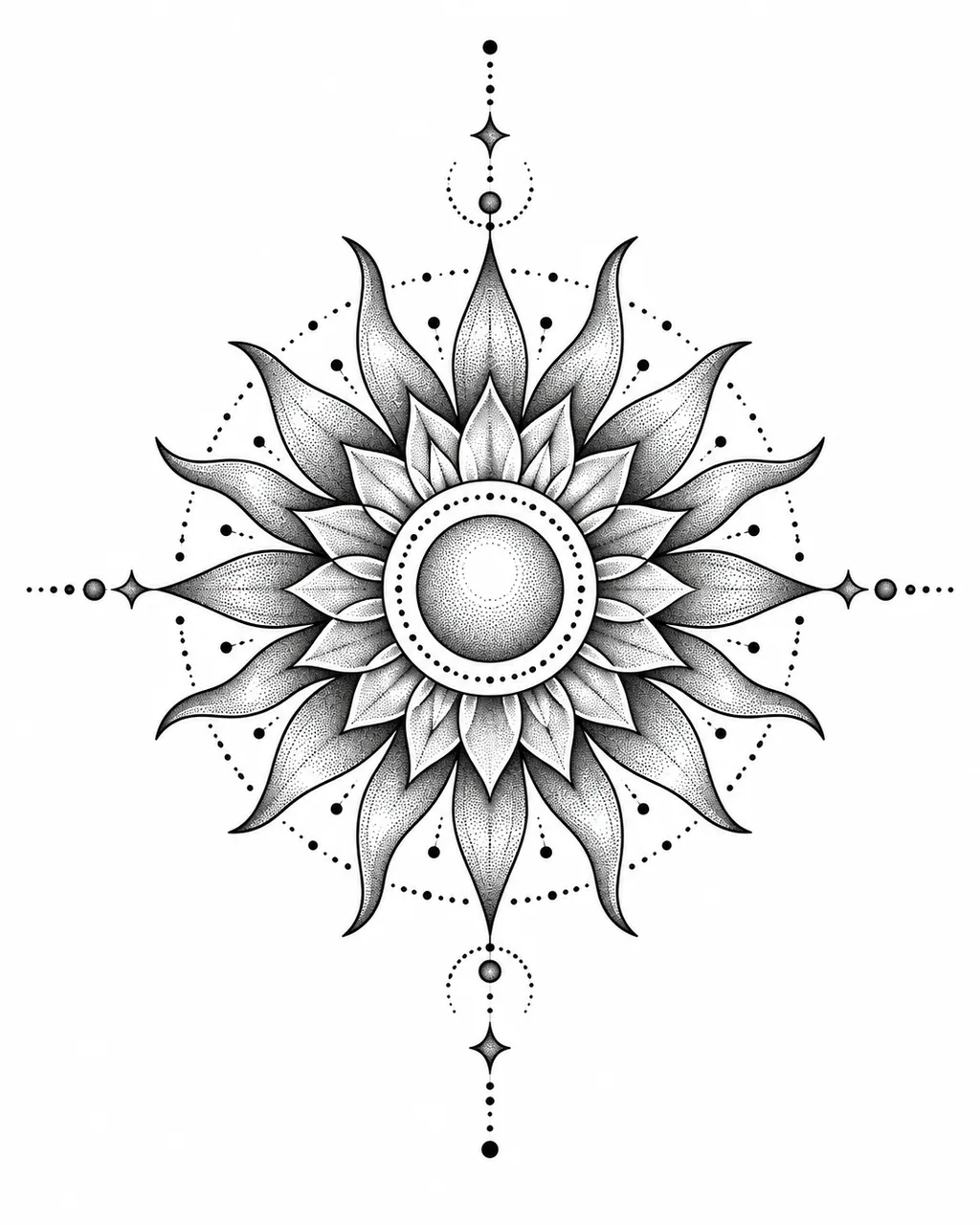 Dotwork sun mandala tattoo design with petal rays, planned as a back piece