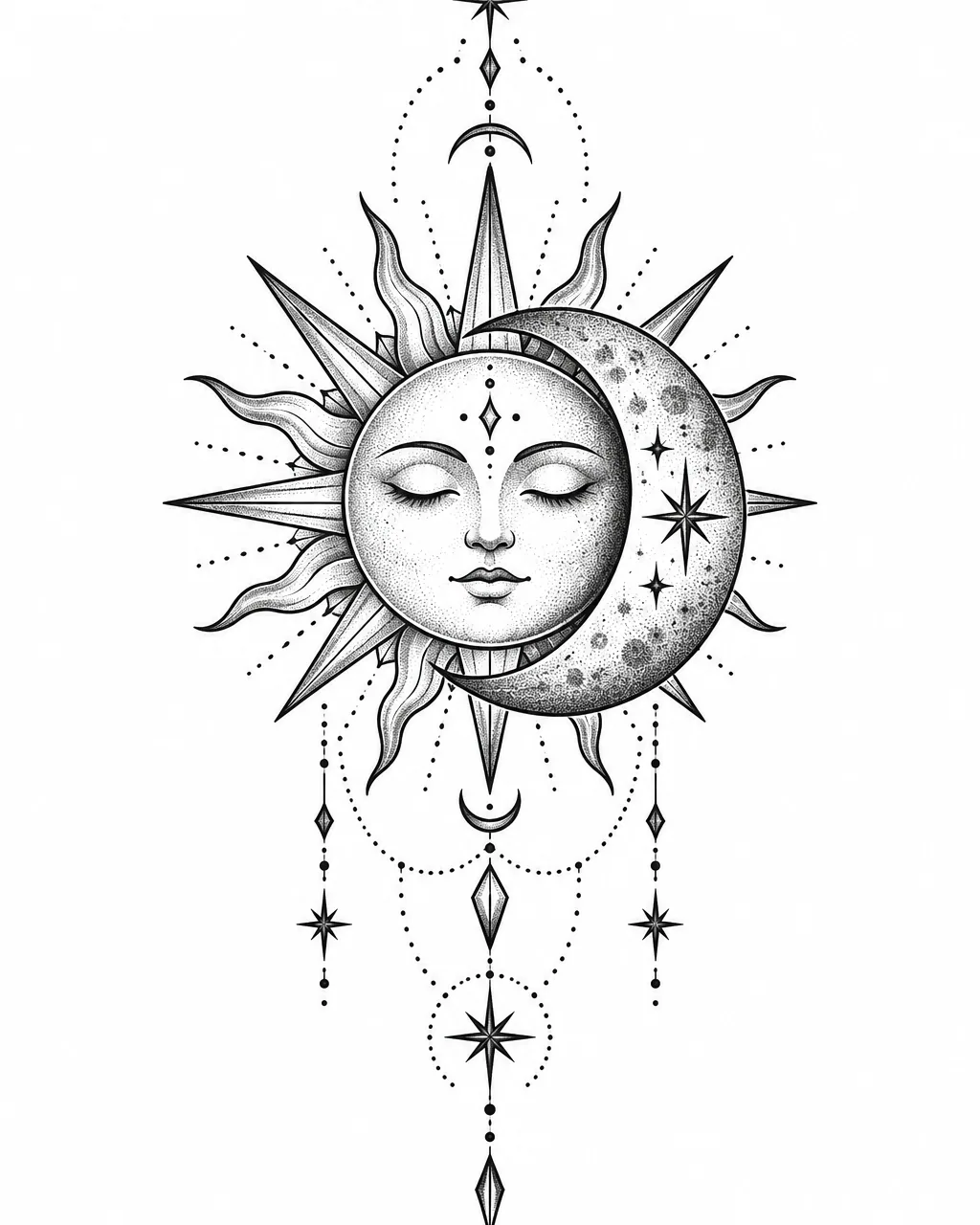 Dotwork sun and moon tattoo design overlapping, for the forearm