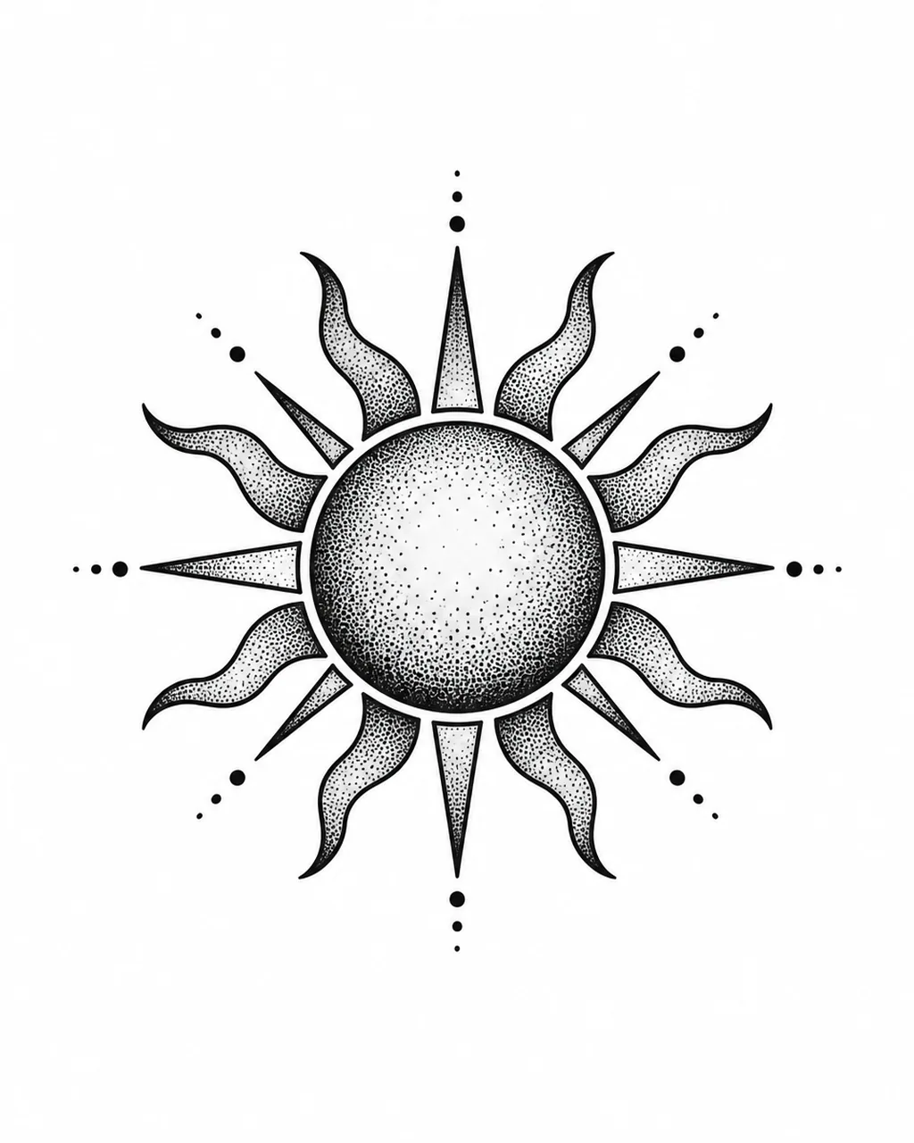 Dotwork sun tattoo design with alternating rays and stippled shading, for the wrist