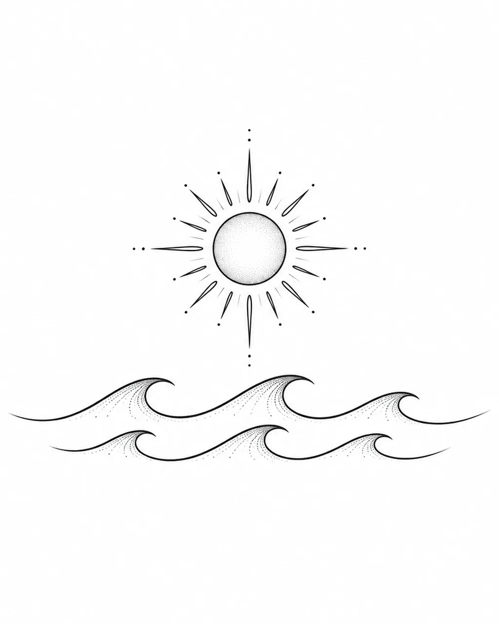 Fine line sun tattoo design above three small waves, for the ankle