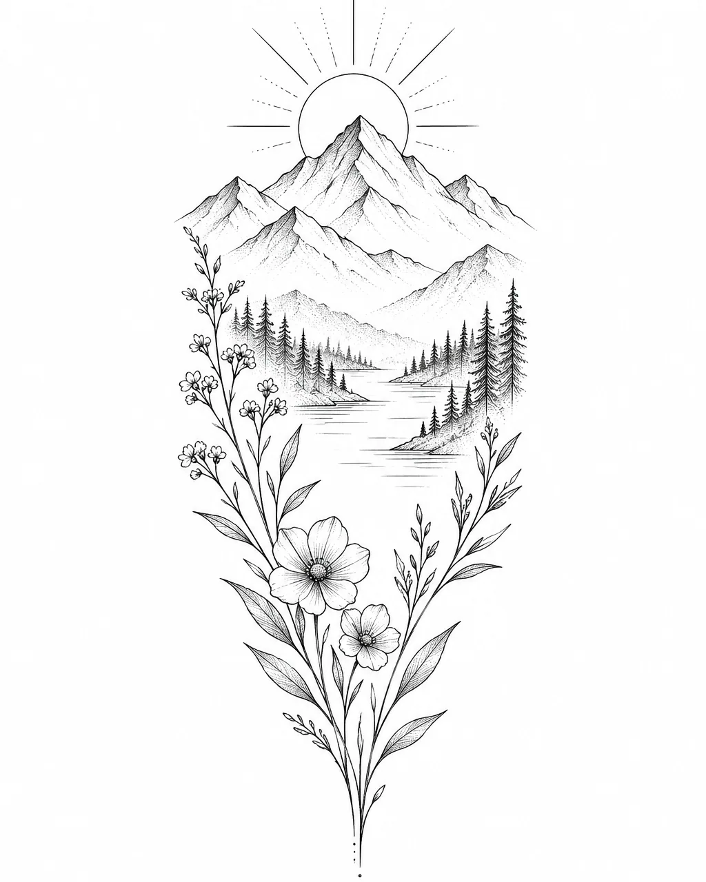 Fine line sun tattoo design rising over mountains, black ink, for the forearm