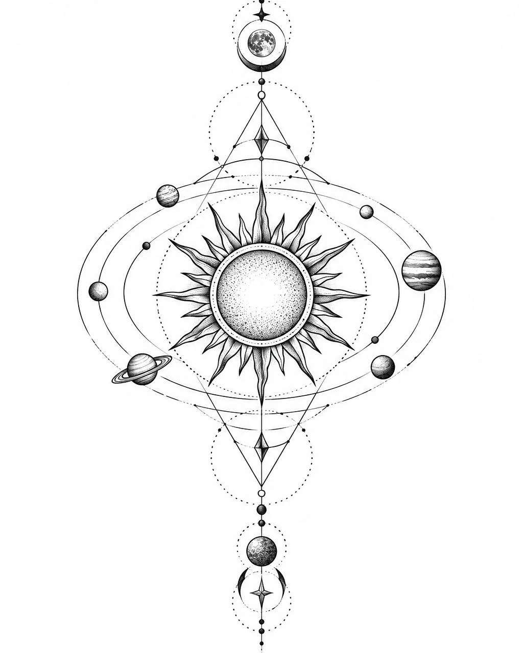 Geometric sun tattoo design with orbit rings and planets, for the forearm