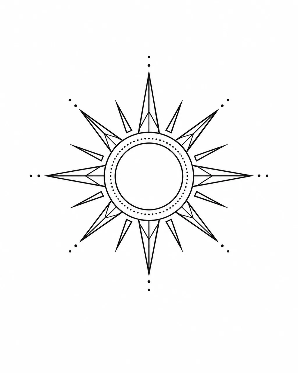 Geometric sun tattoo design with evenly spaced rays and an inner ring, for the wrist