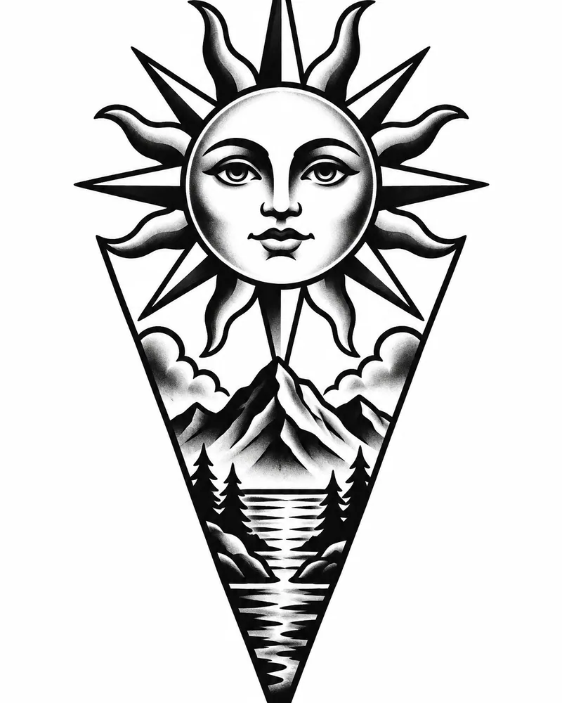 Traditional sun tattoo design: a sun at the top of a narrow triangle, black and grey, for the upper arm