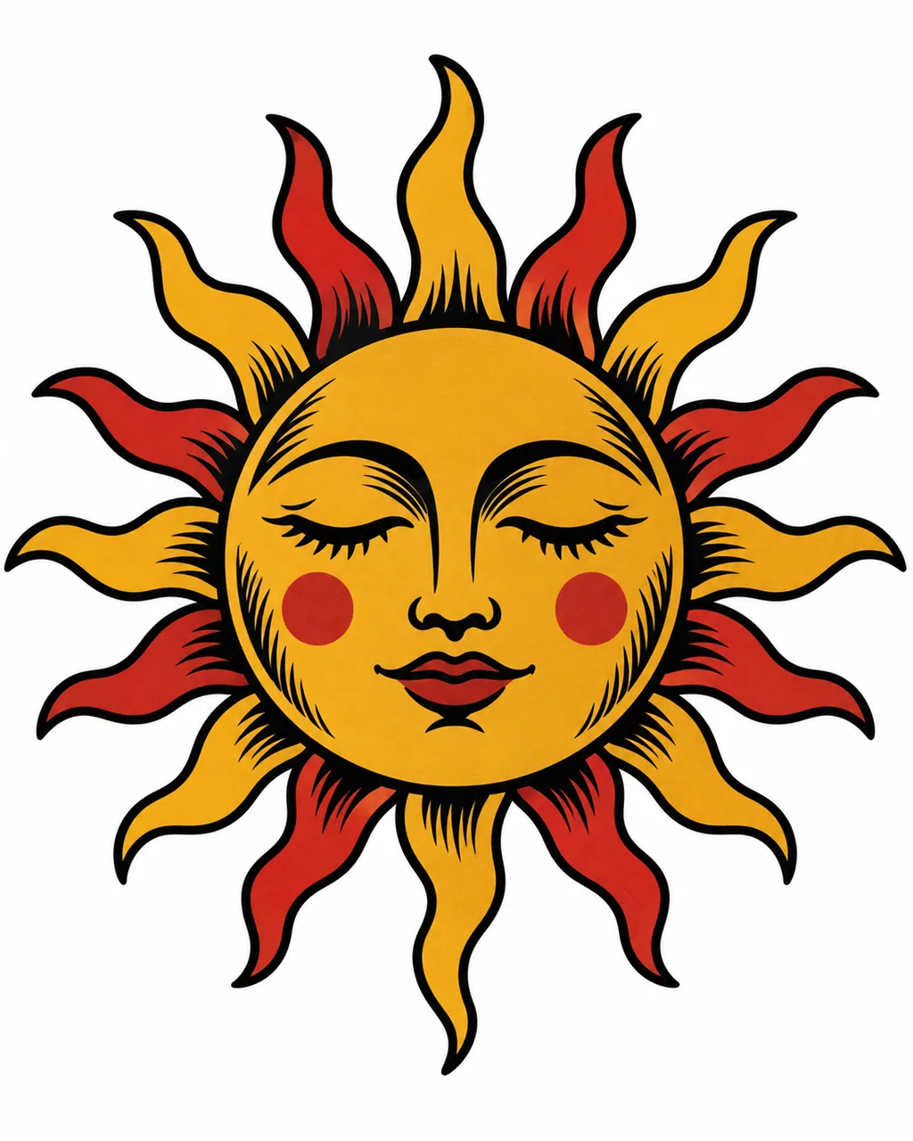 American traditional sun face tattoo design with wavy rays, for the upper arm