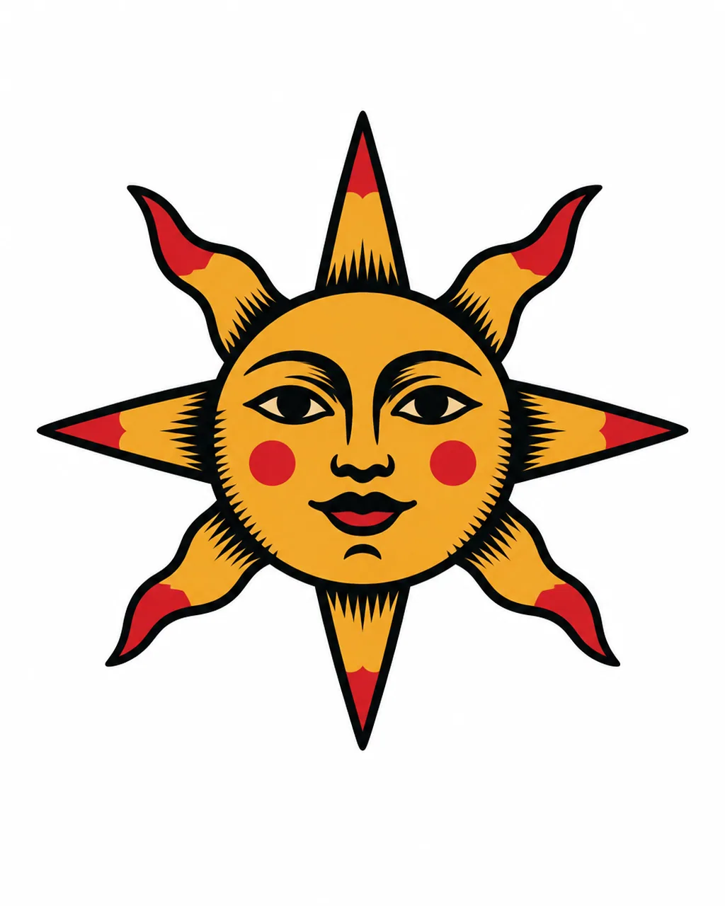 American traditional sun tattoo design in mustard and red, for the wrist