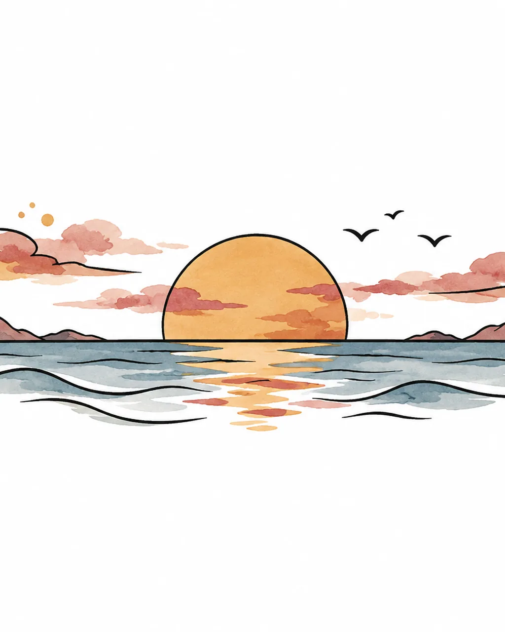 Watercolor sun tattoo design setting over the sea in soft washes, for the ankle