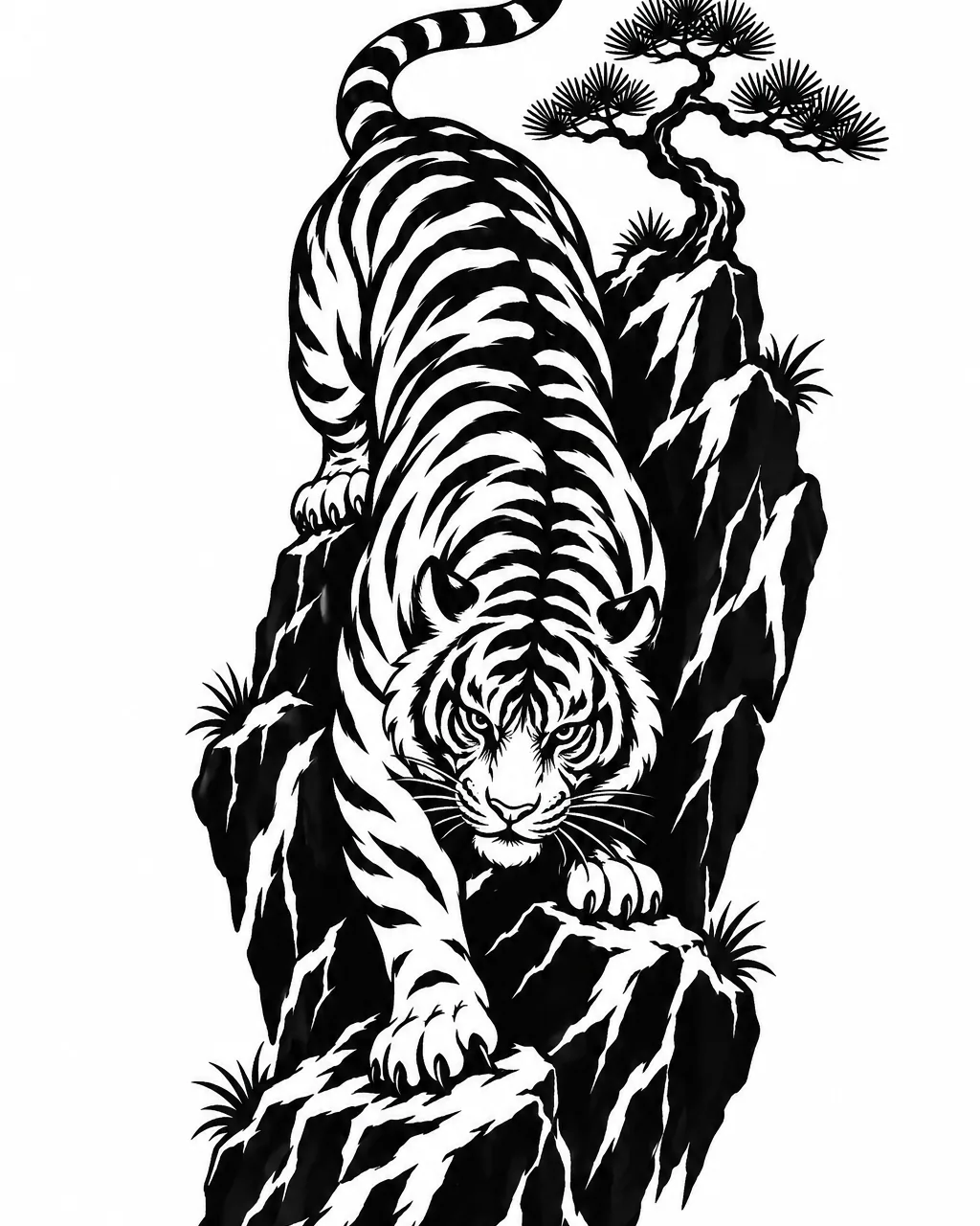Blackwork tiger tattoo design descending a cliff in bold black, for the calf