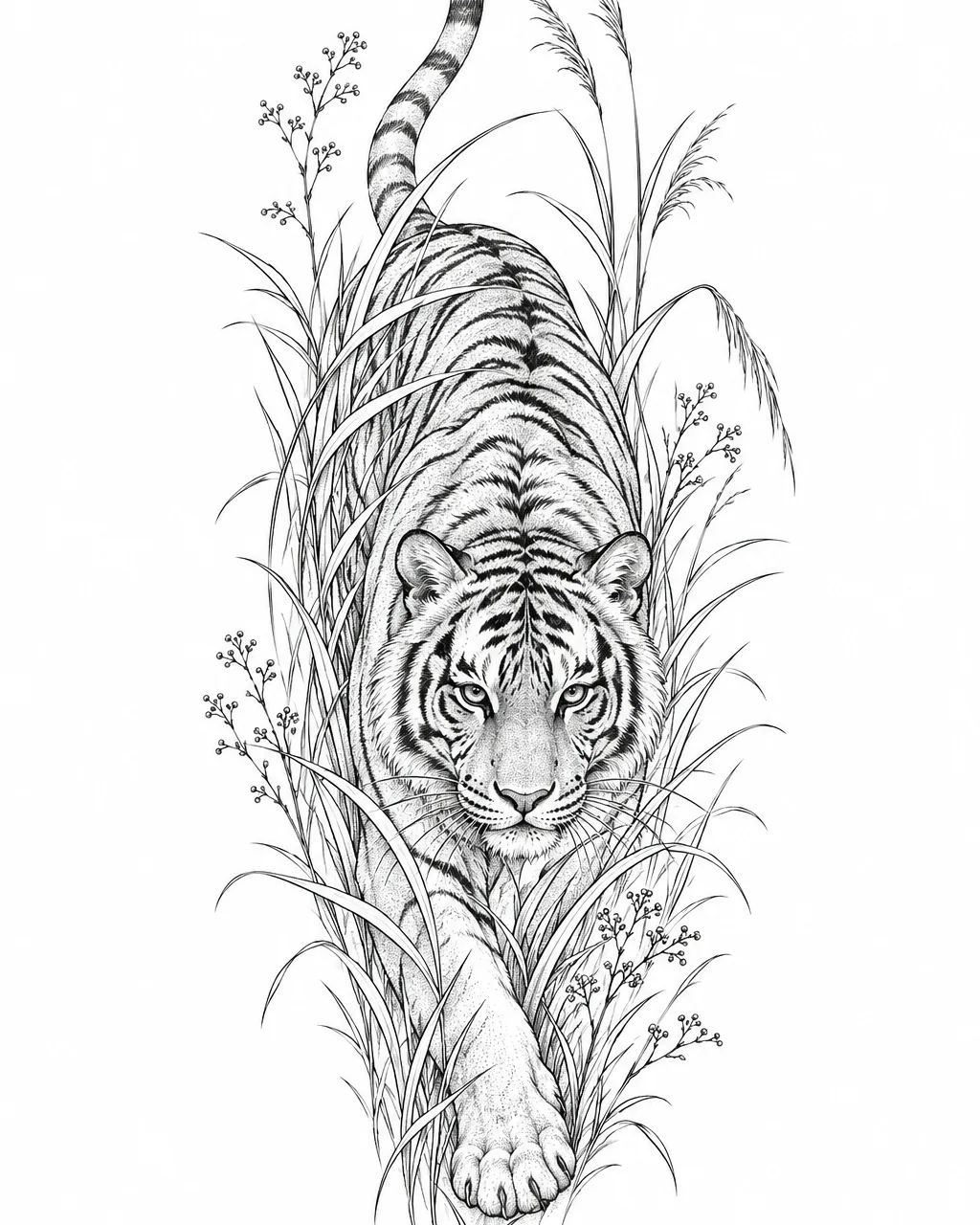 Fine line tiger tattoo design stalking through tall grass, for the forearm