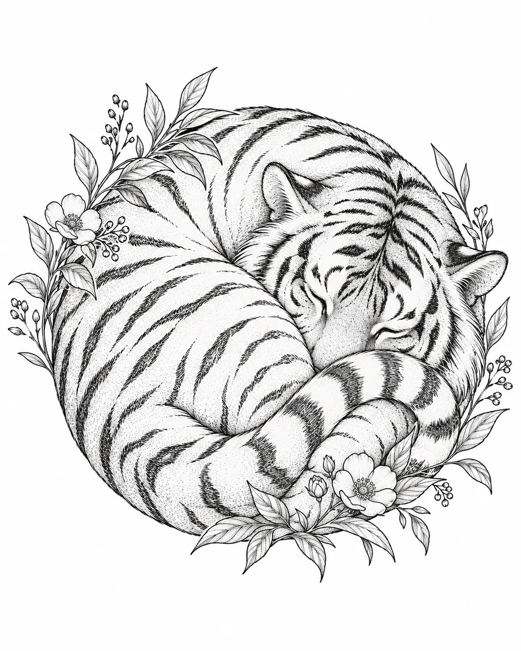 Fine line sleeping tiger tattoo design curled in a circle, for the upper arm