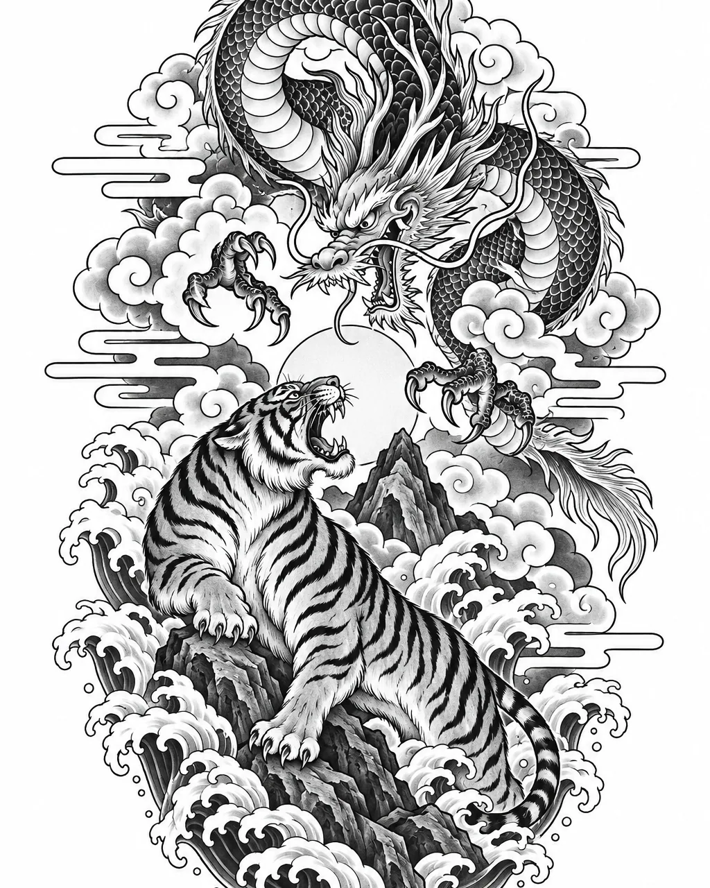 Japanese tiger and dragon tattoo design among clouds and waves, planned as a back piece