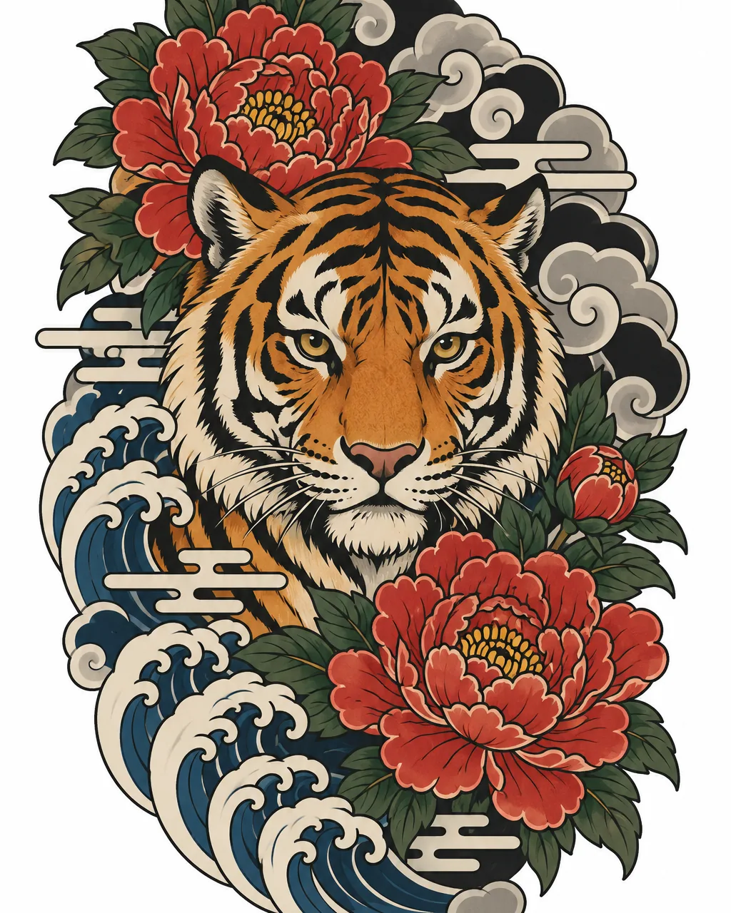 Japanese tiger tattoo design framed by peonies in color, for the upper arm