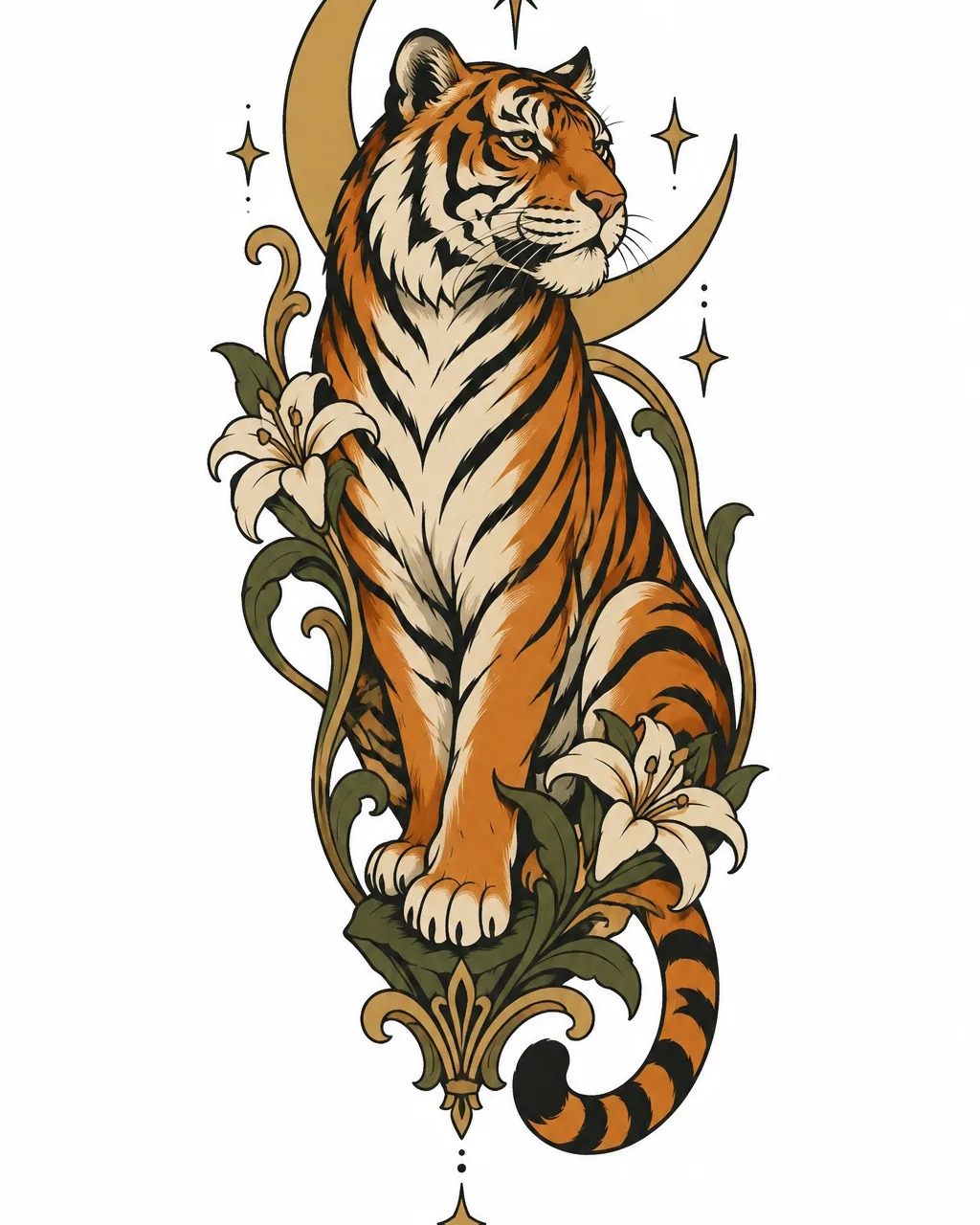 Neo-traditional tiger tattoo design with a crescent moon and stars, for the forearm