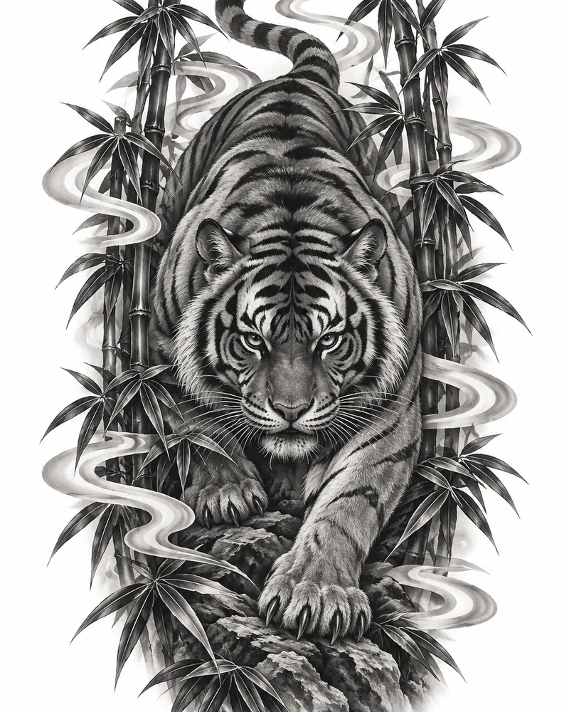 Realism tiger tattoo design: a crouching tiger among bamboo and wind bars, black and grey, for the back