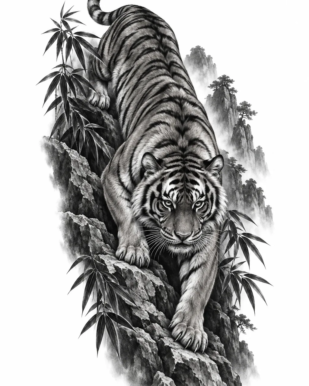 Black and grey realism tiger tattoo design descending a cliff, for the calf