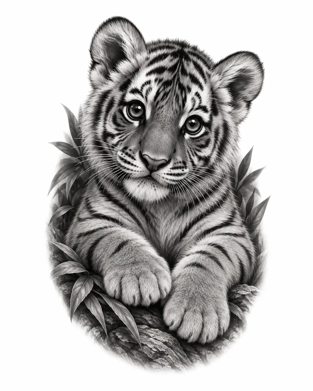 Black and grey realism tiger cub tattoo design with curious eyes, for the upper arm