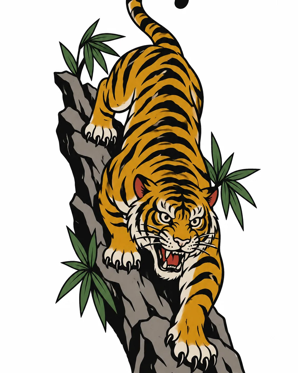 American traditional tiger tattoo design descending a cliff, mustard and black, for the calf