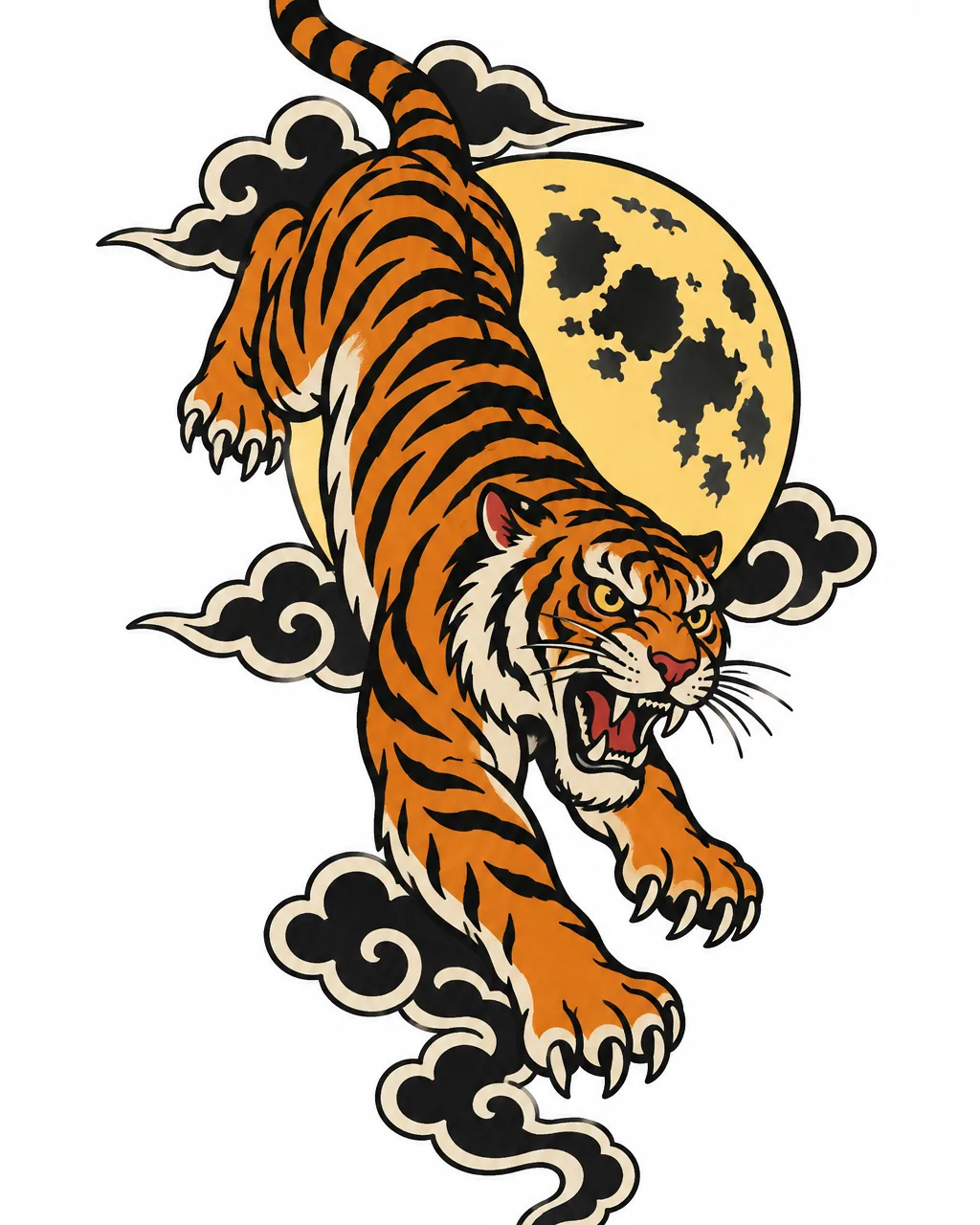 American traditional tiger tattoo design leaping across a full moon, for the forearm