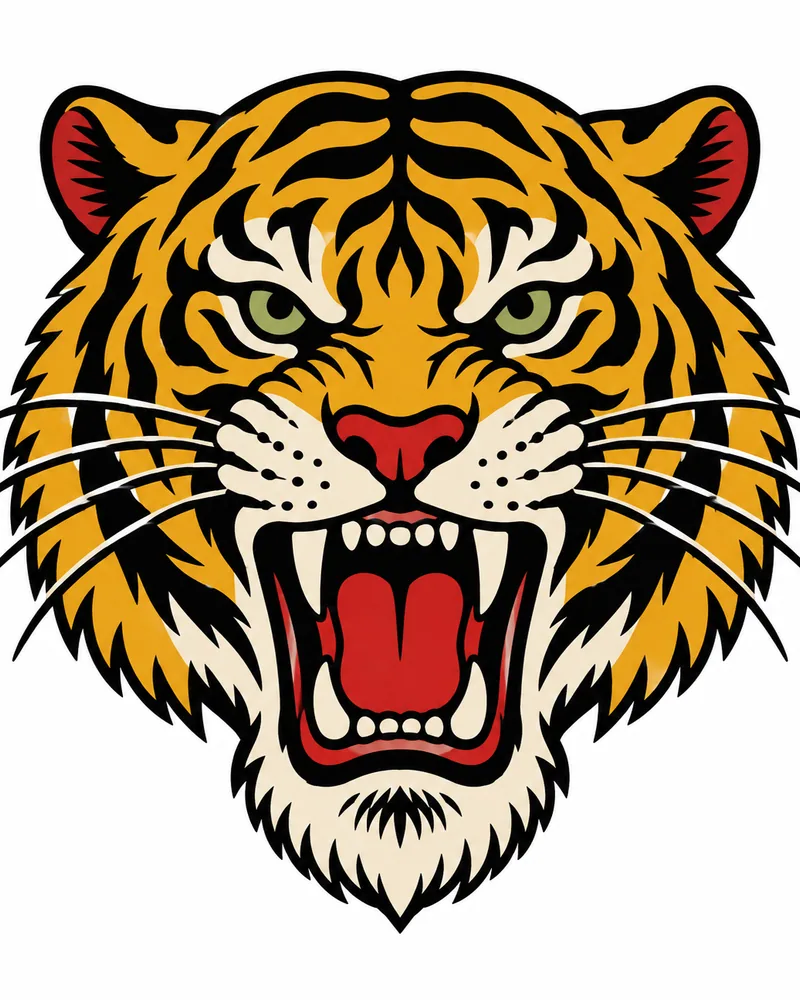 American traditional tiger head tattoo design roaring, mustard and black, for the upper arm
