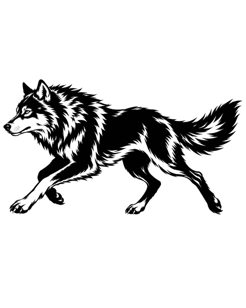 Blackwork running wolf silhouette tattoo design, for the ankle