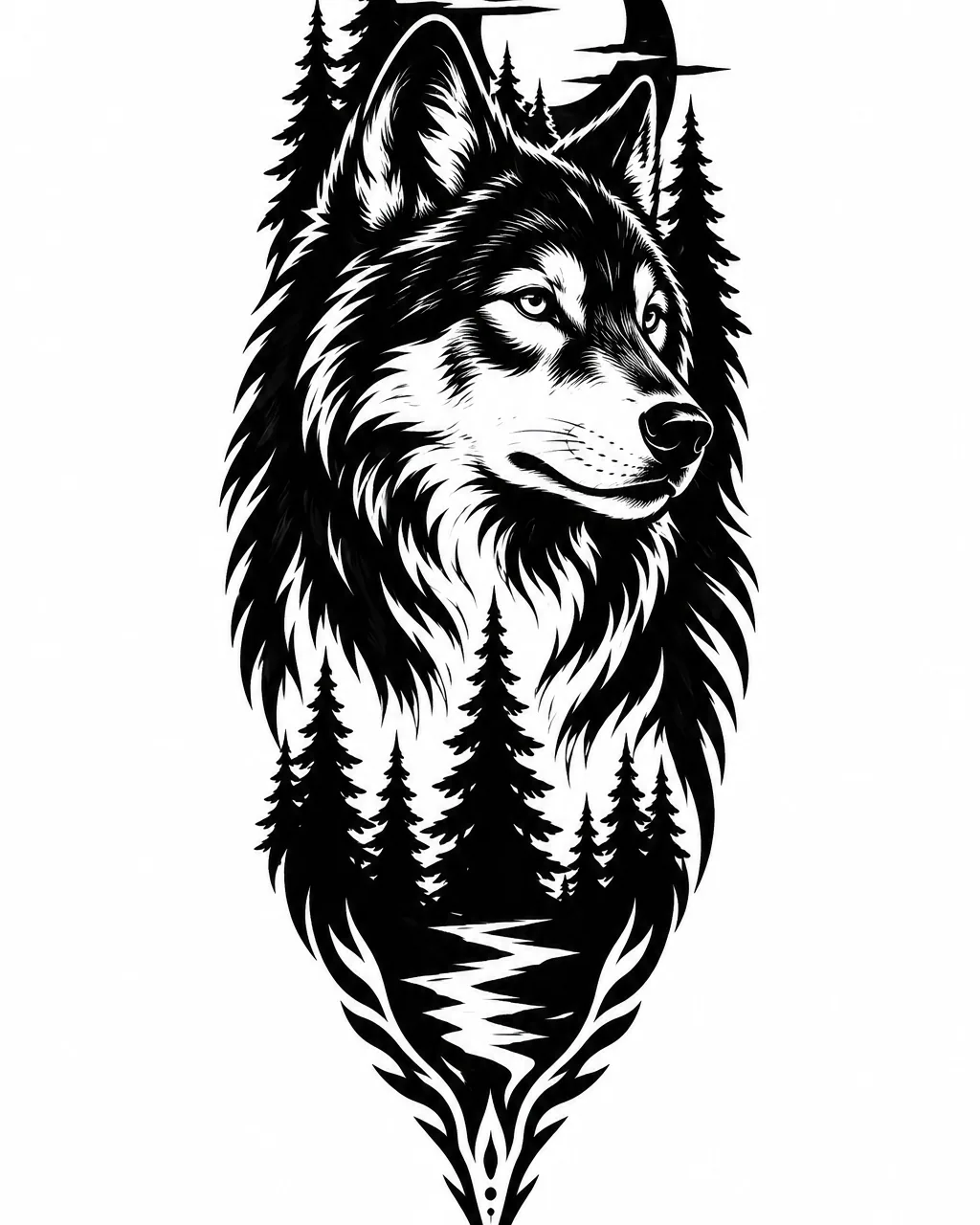 Blackwork wolf tattoo design with negative-space fur and pines, for the forearm
