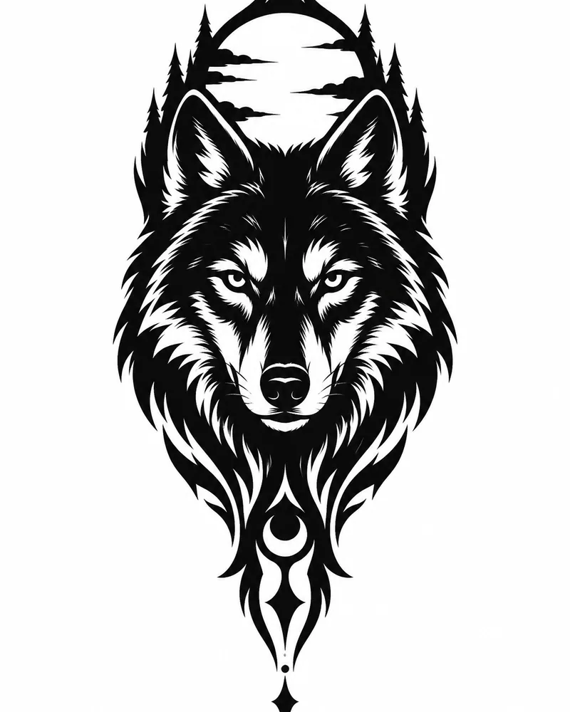 Blackwork wolf tattoo design with a negative-space full moon, solid black, for the forearm
