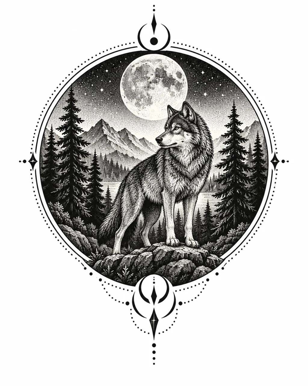 Dotwork wolf tattoo design in a forest landscape inside a circle, for the upper arm