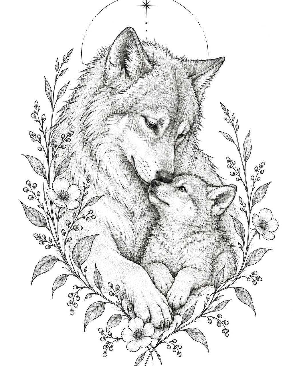 Fine line wolf tattoo design of a mother wolf with her pup, for the calf
