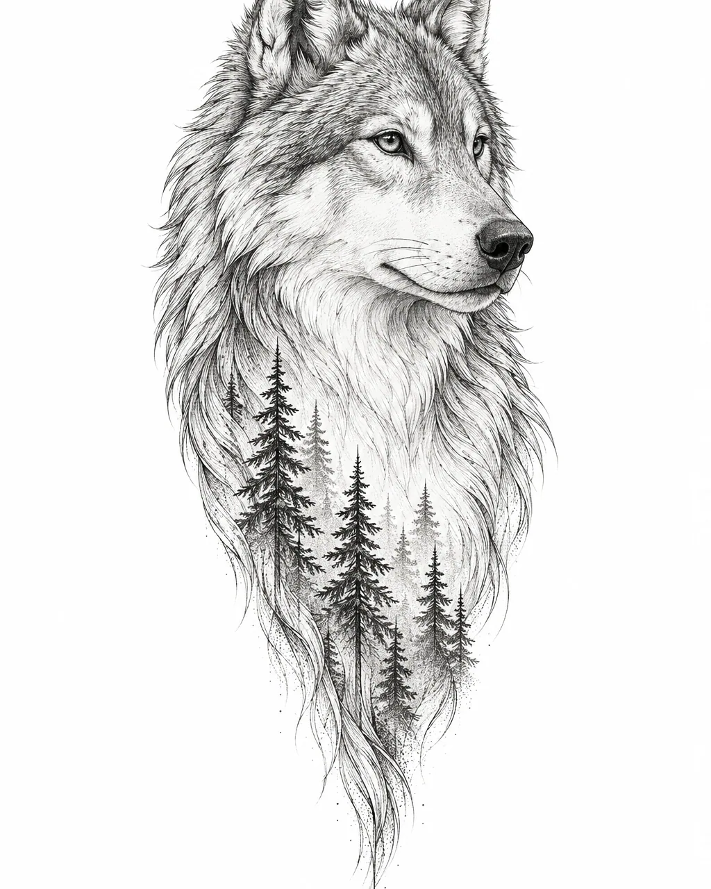 Fine line wolf tattoo design of a calm portrait fading into pines, for the forearm