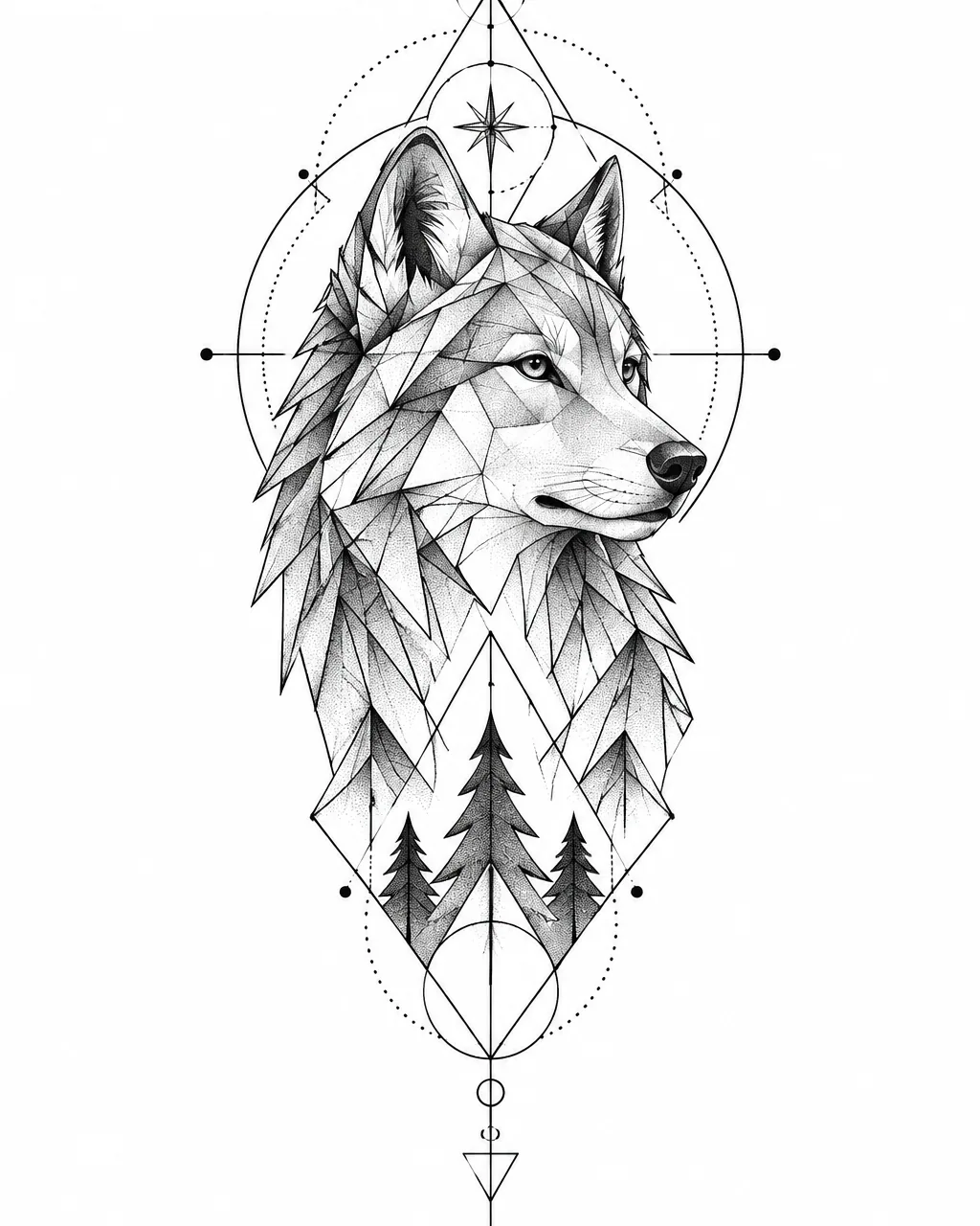 Geometric wolf tattoo design of a calm portrait built from facets, for the forearm