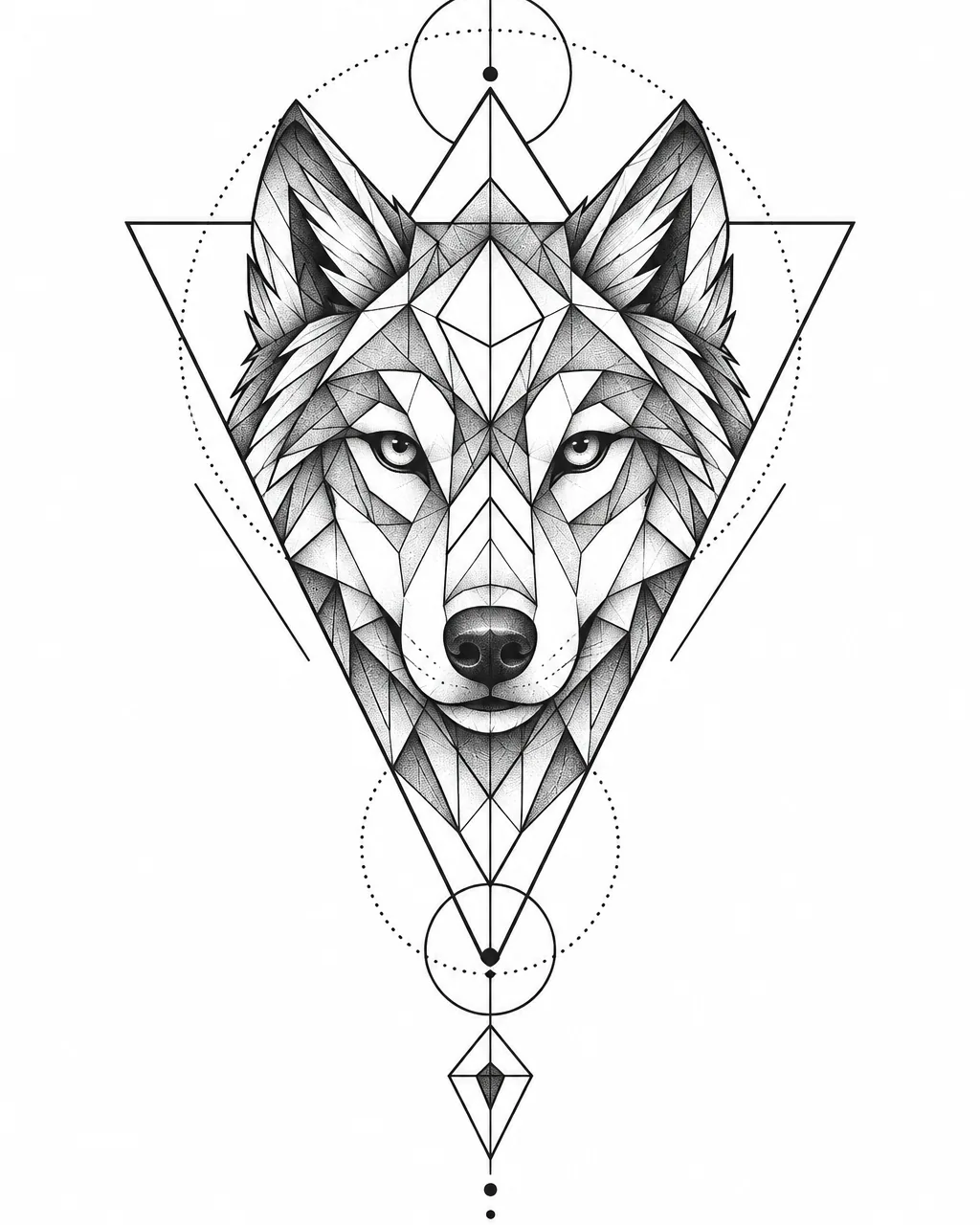 Geometric wolf tattoo design inside a triangle frame, for the forearm