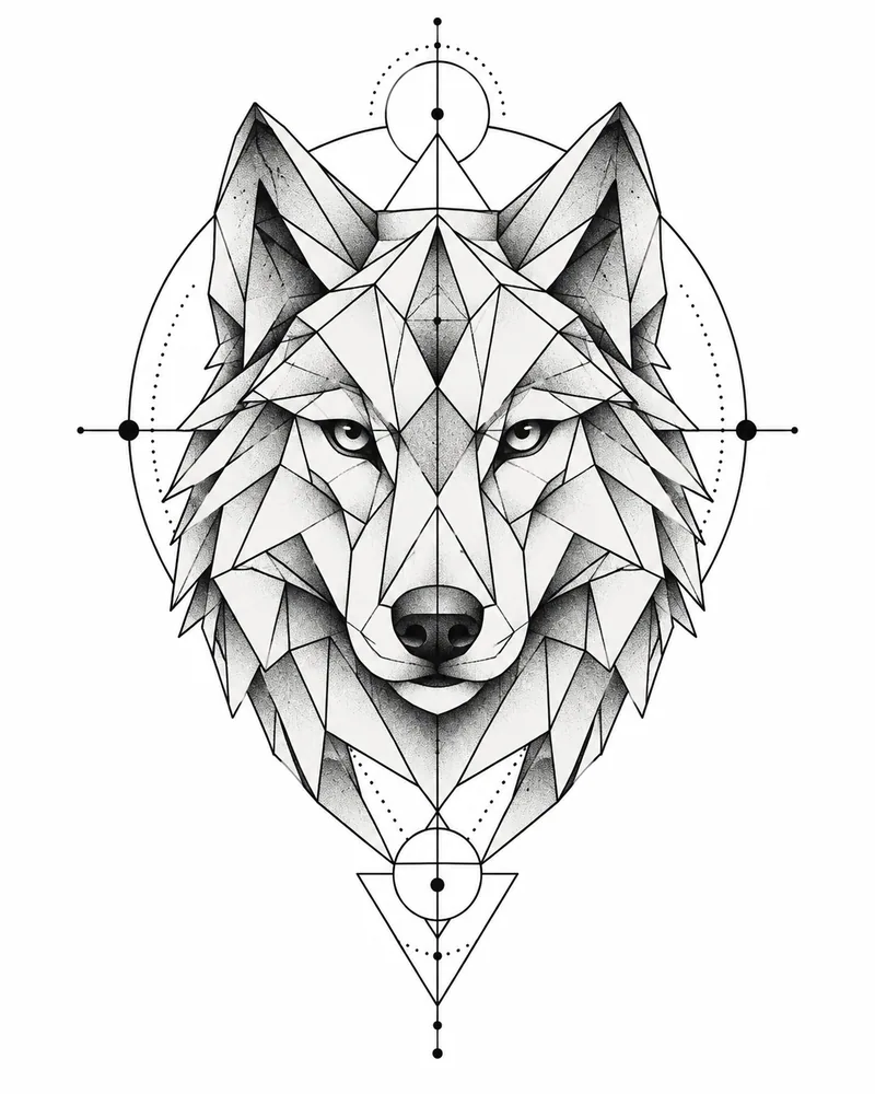 Geometric wolf tattoo design built from triangles and facets, black ink, for the upper arm