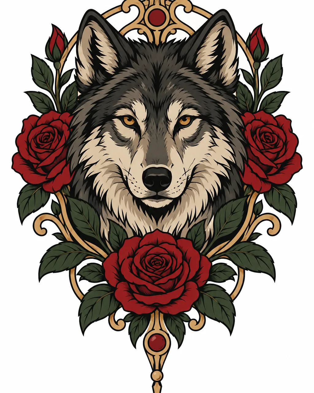 Neo-traditional wolf tattoo design framed by roses in jewel tones, for the upper arm