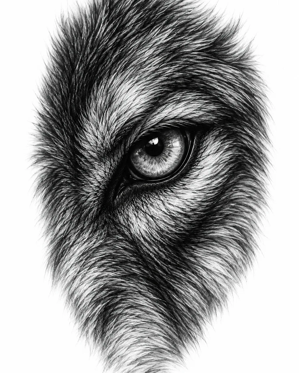 Black and grey realism wolf eye tattoo design framed by fur, for the calf