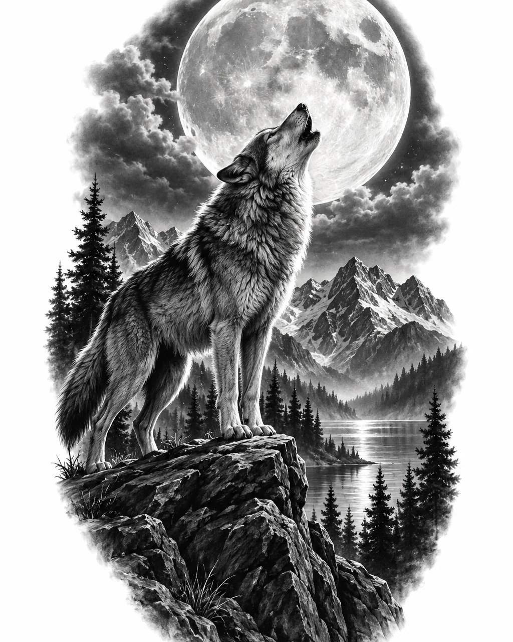 Black and grey realism wolf tattoo design howling at a full moon, for the upper arm