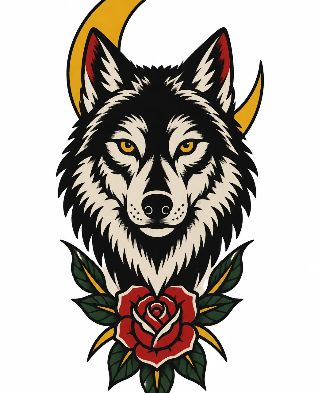 American traditional wolf tattoo design with a crescent moon, for the forearm